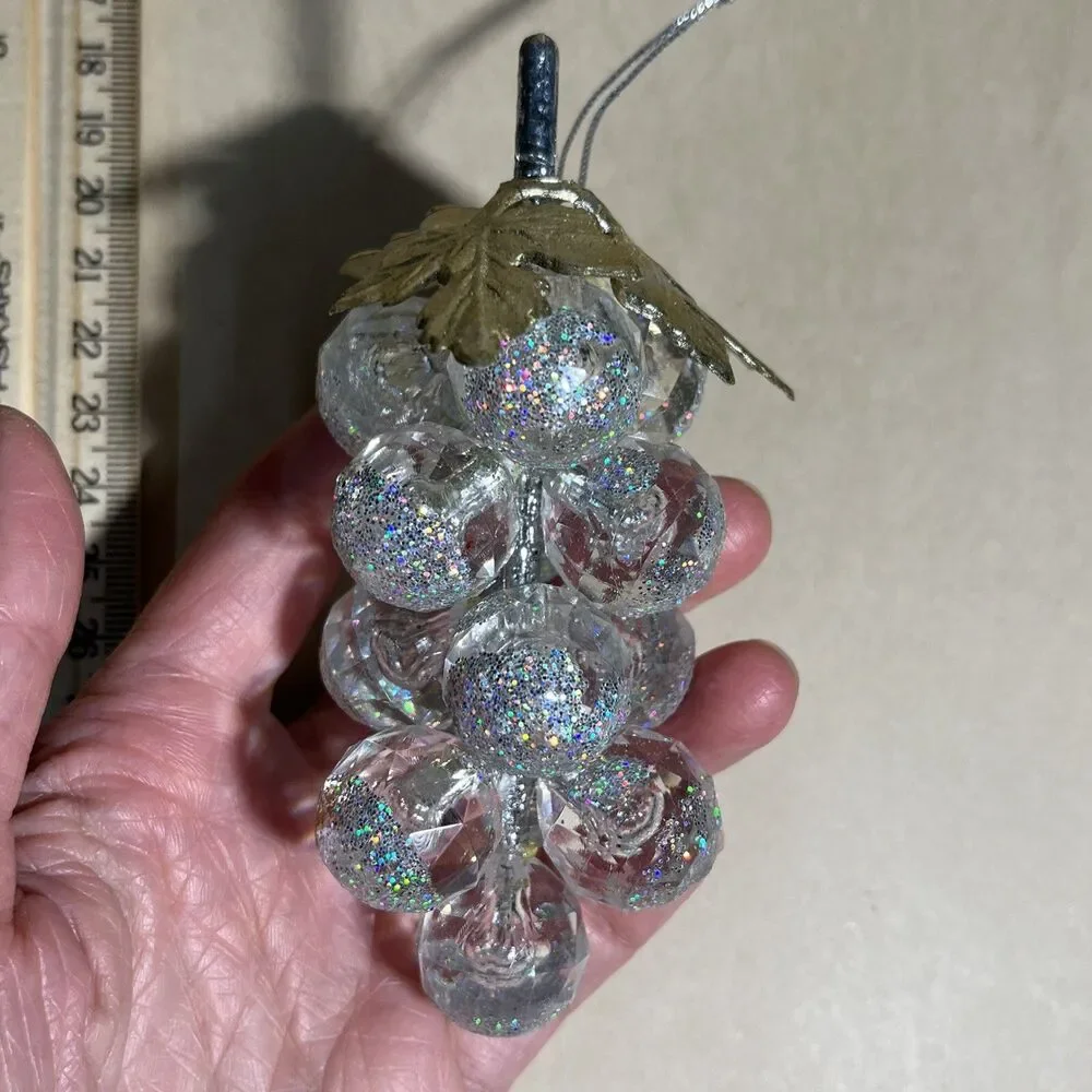 Set of 5 Acrylic Iridescent Glitter Christmas Tree Ornaments Santa, Bear, Grapes